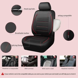 CAR PASS Universal FIT Piping Leather Two Front Seat Covers, Waterproof Faux Leather for SUV Sedan Van Truck, Airbag Compatible,Reserved Opening Holes for Headrest Covers. (Black red)