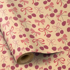 RUSPEPA Cherry Bow Wrapping Paper for Girls, Mini Roll, Gift Wrap with Cherry and Red Bows Tie Patterns, Krfat Paper Great for Birthday, Valentine's Day, Wedding, Anniversary, 17 Inch x 16.4 Feet