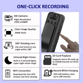 Ahheyie WiFi Camera Body Camera with HD1080P Video, Night Vision Home Camera Pet Camera Indoor, 180°Rotating Lens Portable Camera for Driving/Meeting/Outdoor Sports