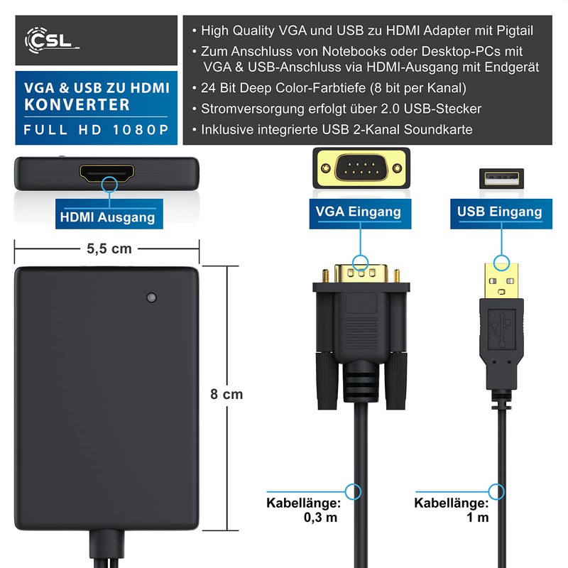 CSL Cable Full HD VGA to HDMI Converter Adapte |