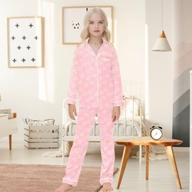 Xumplo Girls Pyjamas Sets Tweens Long Sleeve Button Pjs Lounge Set Kids 2Pcs Stripe Heart Sleepwear Children Nightwear 7-8 Years Light Pink