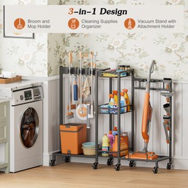 Broom Holder with Cleaning Supplies Organizer, Broom Closet Storage Cabinet with Cleaning Caddy Vacuum Stand, Cleaning Cart with Mop Hanger Gripper Rack Hook, Laundry Room Organization Home Essentials