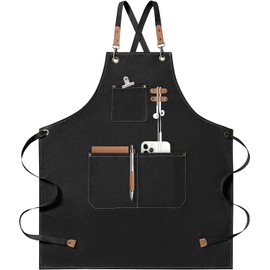 Leanockesa Unisex Apron, Black, One Size Fits All, 3 Pockets, Cotton Canvas, Bib Style, Kitchen/Cooking, Men, Women, and Various Professionals