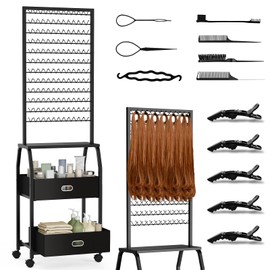 Portable Braiding Hair Rack with Wheels & Storage Drawers,2-Sided 288 Pegs,Hair Extension Holder Hanger for Braiding Hair Separator Stand Display,Hair Rack with Stylist Hair braiding Tools(Black)