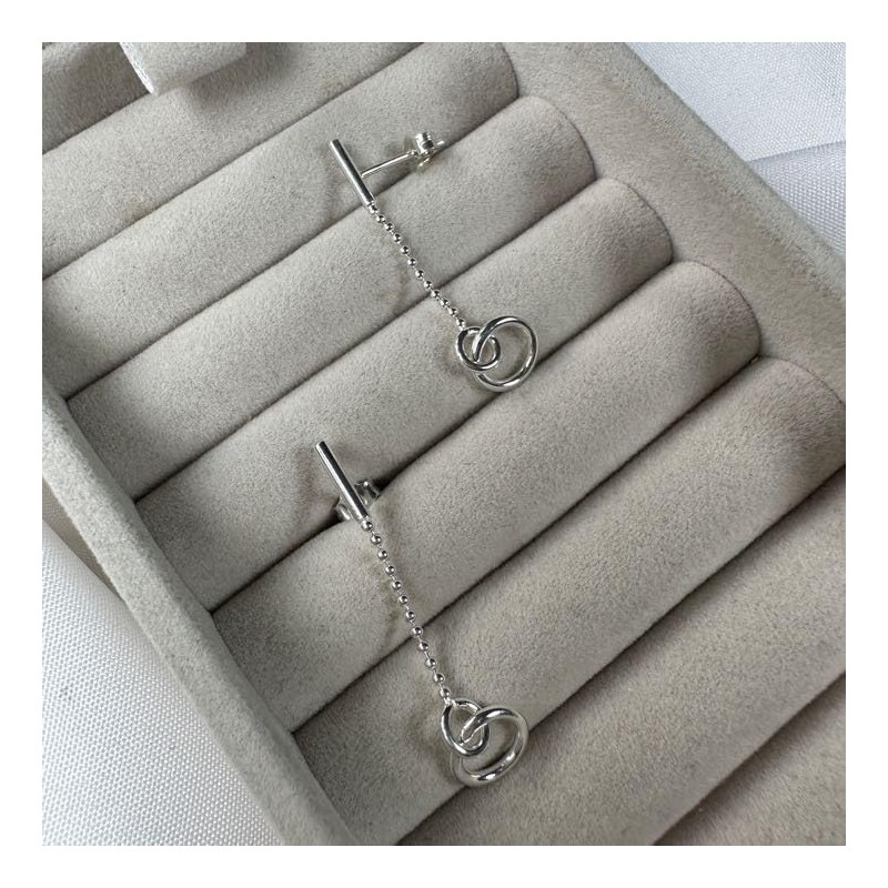 Sterling Silver Circle Bar Beaded Chain Stud Drop Earrings