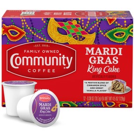 Community Coffee Mardi Gras King Cake Flavored 12 Count Coffee Pods, Medium Roast, Compatible with Keurig 2.0 K-Cup Brewers, Box of 12 Pods