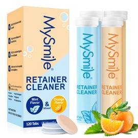 MySmile Retainer Cleaner with 120 Denture Cleaning Tablets, Quickly Remove Odors, Discoloration Stains & Plaque from Aligner, Mouth Guard, Night Guard and More Dental Appliances (Mint+Orange Flavor)