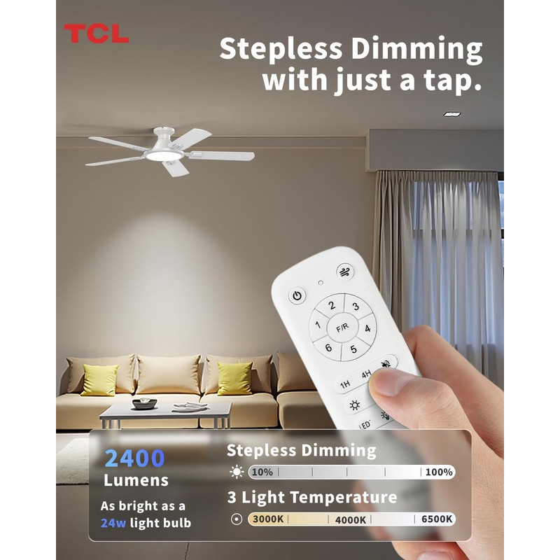 TCL 52" Low Profile Ceiling Fan with Light, Slim, White,