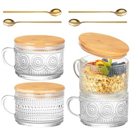 Vintage Glass Coffee Mugs Set of 4, Overnight Oats Containers with Bamboo Lids and Spoons - 14oz Clear Tea Cups for Cappuccino Latte Americano Cereal Yogurt Beverage