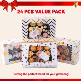 JOYIN 24 Pcs Christmas Cookie Boxes, Gold Foil Treat Boxes with Windows 9" x 6.2" x 3" Bakery Gift Wrapping Box for Xmas Holiday Party Favor Pastries, Cupcakes, Cookies, Brownies, Donuts Gift-Giving