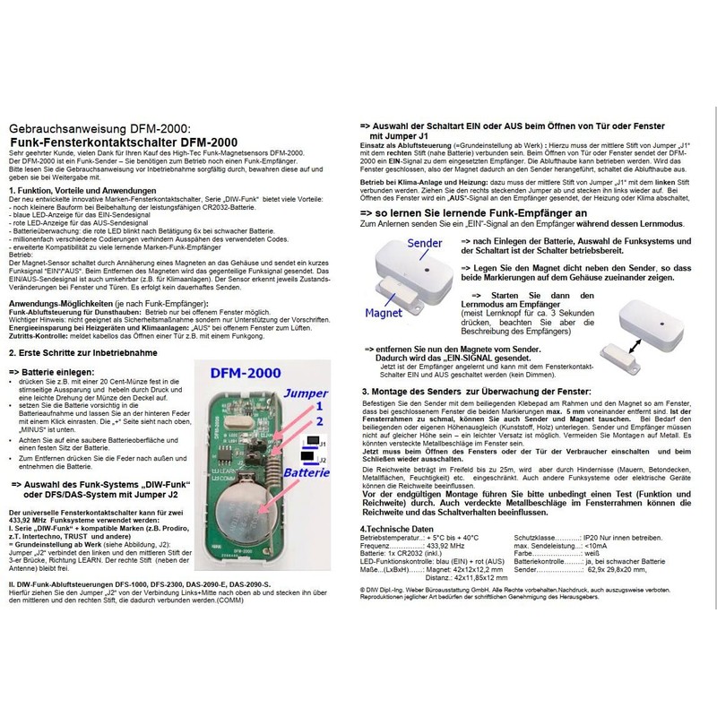 DIW-Funk Exhaust Control PA-512 Economy Set Window Contact Switch DFM-2000