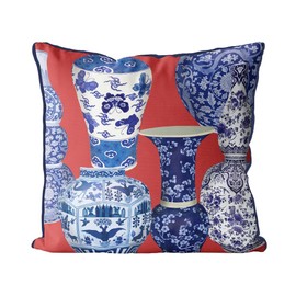 Kelly Stevens-McLaughlan, Chinoiserie Vase Collage #1 on Red Cushion / Pillow Cover, Zippered Base, Full Piping, 18 Inches x 18 Inches