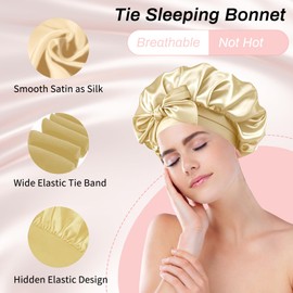 Satin Bonnet, Sleeping Silk Bonnet for Most Hair Types, Silk Bonnet with Elastic Band, Adjustable Satin Night Sleeping Cap for Sleeping, Skin Care, Cleaning, Makeup, etc (Khaki)