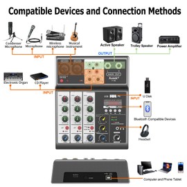 Aveek Professional Audio Mixer, Sound Board Mixing Console with 4 Channel Digital USB Bluetooth Echo Delay Effect, Input 48V Phantom Power Stereo DJ Mixers for Recording, Live Streaming, Podcasting