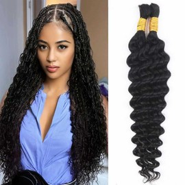Unipearl Deep Curly Human Braiding Hair for Boho Braids 20 Inch 100g，#1B Natural Black Wave Wave Bulk Human Hair Extensions Wet and Wavy 2 Bundles