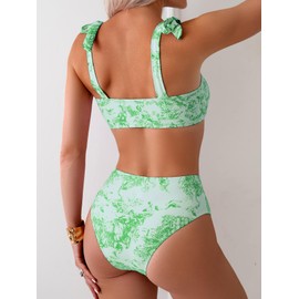 Verdusa - Conjunto de bikini gráfico de 2 piezas para mujer, con pajarita en los hombros, traje de baño de verano, Verde, Large