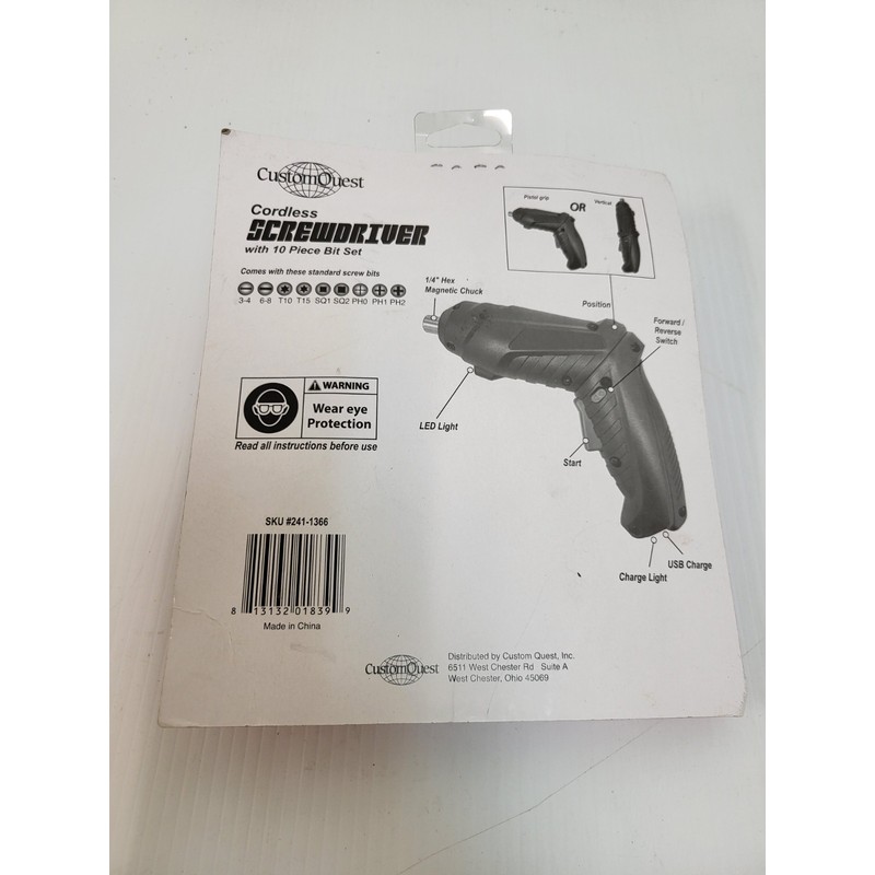 Custom Quest Cordless Screwdriver With 10-Piece Bit Set - Rechargeable