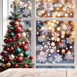 Christmas Snowflake Window Clings 137Pcs Winter PVC Static Window Clings Stickers for Glass, Double Sided Glitter Snowflake Window Stickers Reusable Xmas Window Decals for Christmas Party Decoration