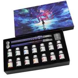 AXEARTE Glass Dip Calligraphy Pen Set, 18-Pieces 14 Color Inks, Pen Holder, Cleaning Cup, 2 Crystal Glass Pens for Art, Writing, Drawing, Signatures, Gift for Kids and Artist