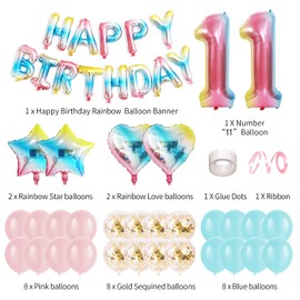 Rainbow 11th Birthday Party Decoration - Number 11 Balloons, Banner, Confetti, Latex Balloons & Supplies