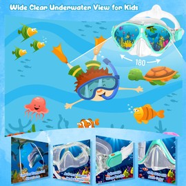 Seovediary Kids Snorkel Set, Mask Fins Snorkeling Gear for Kids Anti-Fog Swim Goggles 180 Panoramic View Dry Top Snorkel and Dive Flippers Combo with Travel Bag for Snorkeling Training Swimming Diving