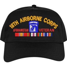 XVIII Airborne Corps Afghanistan Veteran Made in The USA High Profile Black Embroidered Cap with Ribbons