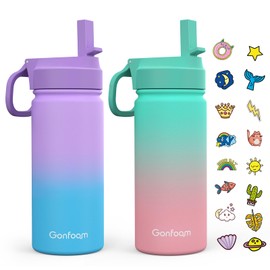 Kids Water Bottle, 2-Pack 16oz Water Bottles with Stickers and Straw, Stainless Steel Vacuum Insulated cup, Kids Water Bottle for School, Gifts for Boys and Girls(Purple/Green)