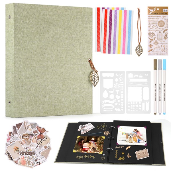 DazSpirit Linen Photo Album, DIY Photo Album with 60 Pages Black Scrapbook, Includes 3 Metallic Colour Markers, 2 Painting Stencils, Various Stickers, Scrapbook for Wedding Family (Green)