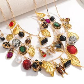 Vintage 3-Layered Pendant Charm Necklace for Women, Bohemian Ethnic Layered Stackable Chain Necklace with Gold Leaves Insects Multi-Colored Rhinestone Gems, Unique Statement Jewelry for Party Gift
