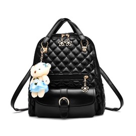 NICOLE & DORIS Backpack for Women Mini Backpacks Women's Casual Daypack Soft Leather Handbag Modern City Backpack Cute Daypack with Bear Pendant, black, Casual, modern