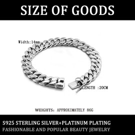 ziqiudie 925 Sterling Silver Italian Solid 10-12-14mm Diamond-Cut Cuban Link Curb Chain Bracelet for Men, Jewelry Party Birthday Gift (10 inches, 14width)