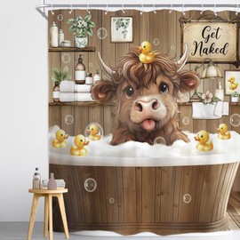 Homewelle Funny Highland Cow Shower Curtain Hilarious Cattle Bull Cute Animal Wooden Board Floral Rustic Farmhouse 60Wx72H Inch Vintage Kids Children Waterproof Polyester Fabric Bathroom Bathtub