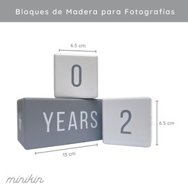 MINIKIN, Set de 3 Bloques Days/Weeks/Months/Years, Milestone Blocks, Material Madera, Regalo Ideal para Embarazada o Recién Nacido, Para Fotografías de Niños y Niñas, Color Gris