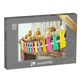 puzzleYOU: Puzzle 100 Pieces "Colourful Homemade Easter Bunny Garland on the Fireplace" - from the Puzzle Collection Holiday