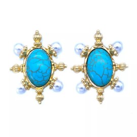Pearl Yellow Gold Plated with Turquoise & Pearl Stud Earrings