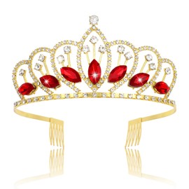 CURASA Gold Crown for Women Red Crystal Queen Tiaras Rhinestone Princess Crowns with Combs Elegant Bride Wedding Headband Birthday Party Prom Hair Accessories Cosplay Costume Pageant Gifts