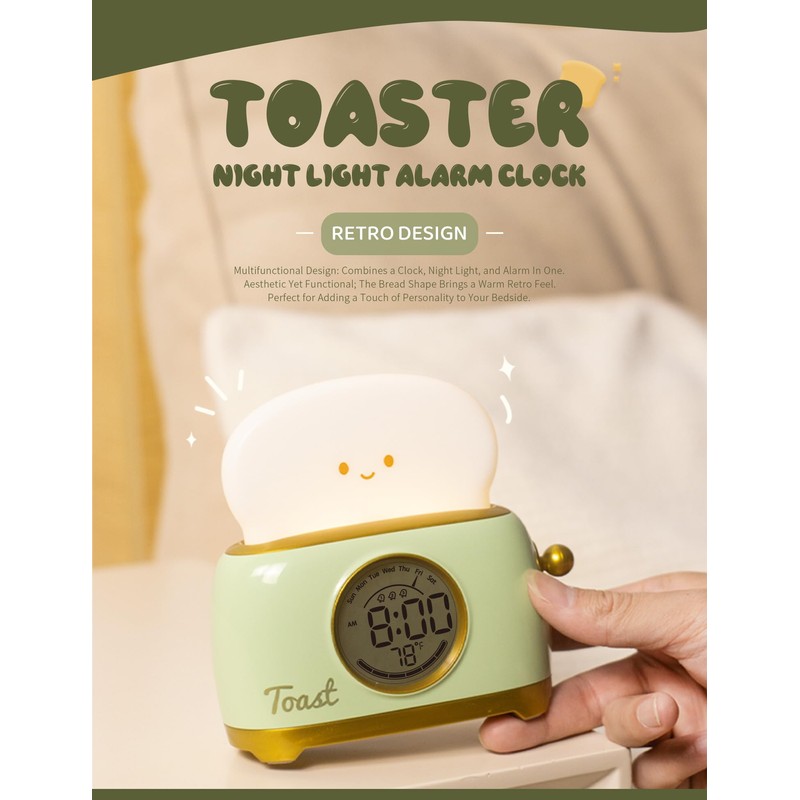 WANIDEA Toast Night Lamp Lights, Cute Toaster Digital Alarm Clock,