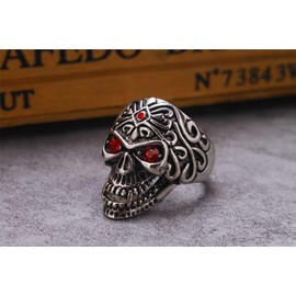 OAKKY Men's Stainless Steel Red Cubic Zircon Eye Skull Ring Flower Biker Gothic Band, Size W