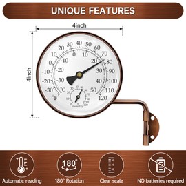 4" Brass Swivel Thermometer Indoor Outdoor Thermometer, Outside Decorative Weather Thermometer Hygrometer for Kitchen Window, Patio, Greenhouse, Window Thermometer