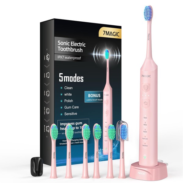 Electric Toothbrush for Adults, Sonic Toothbrush with 3 Intensity Levels & 5 Modes, One Charge for 60 Days, Rechargeable Electric Toothbrush with 40,000 VPM Deep Clean & 6 Toothbrush Heads(Pink)