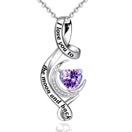 Distance I Love You to The Moon and Back Necklace 925 Sterling Silver Birthstone Heart Pendant Necklace Birthday Jewelry Gifts for Women Wife Mom-Purple