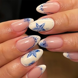 24Pcs Blue Flower Press on Nails Medium Almond French Tip Fake Nails Blue Floral Bow Designs Full Cover Reusable Artificial Nails False Nails Handmade Glue on Nails Summer Stick on Nails for Women
