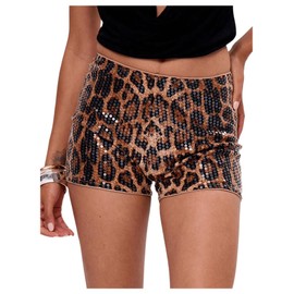 RoseSeek Women's Leopard Sequin Mini Shorts Drop Waist Skinny Y2K Shorts Club Rave Bottoms Multicolor Medium