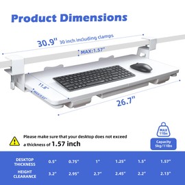 Keyboard Tray Under Desk with Drawer,26.77" X 11.81"Large Size Keyboard Tray with C Clamp-on Mount, Easy to Install, for Home Office (White)