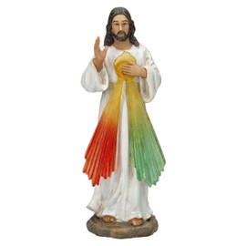 Jesus Divine Mercy Figurine, 15 cm, Hand-Painted, Resin, Blessing Gesture with Rays, Statue Icon