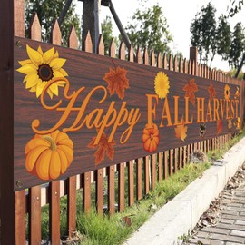 98" x 19" Large Happy Fall Harvest Banner - Long Fall Thanksgiving Outdoor Decoration - Orange Leaves Pumpkin Autumn Banner for Wall, Office, Fence, Yard, Garage