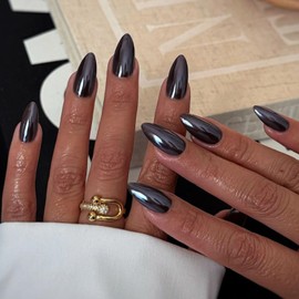 Pack of 24 Glue-On Nails, Almond, French Tips, Press On Nails, Black Aurora Artificial Fingernails for Sticking, Acrylic False Nails, Fake Nails, Reusable False Nails for Women