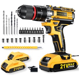 KELNOW Cordless Drill, 21V 2x 2.0Ah Batteries Electric Drill, Electric Screwdriver Set, 398 In-lbs Power Hammer Drill Driver, 25+3 Torque, 2 Speed LED Light 27 Accessories Combi Drill Kit Tools