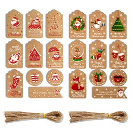 Christmas Gift Tags, Kraft Paper Christmas Tags, Pack of 100 Vintage Xmas Kraft Paper Tags, Christmas Labels, Paper Gifts with Jute String for Christmas Holidays Gifts