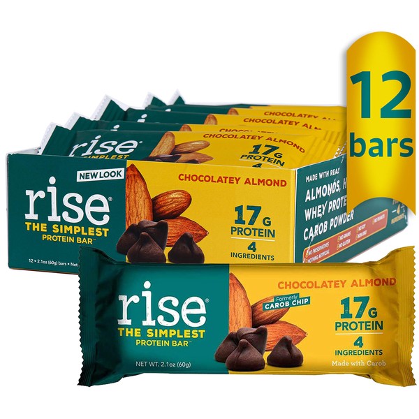 Rise Whey Protein Bar, Chocolatey Almond, Healthy Breakfast & Snack Bar, 17g Protein 5g Dietary Fiber, 4 Natural Whole Food Ingredients, Simplest Non-GMO, Gluten Free, Soy Free Bar, 12 Pack